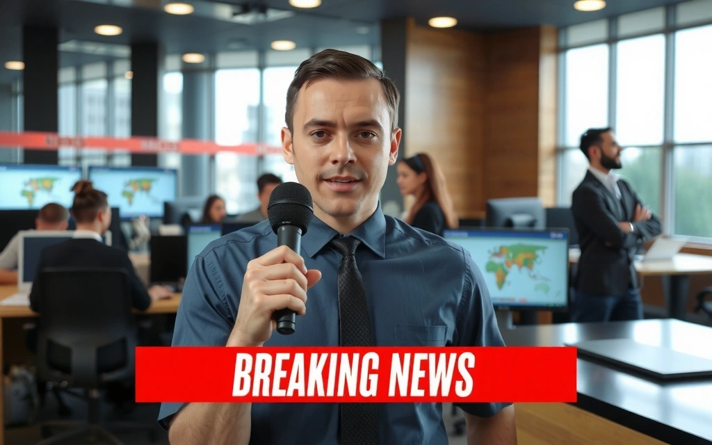 A journalist holding a microphone, reporting on breaking news in a professional setting.