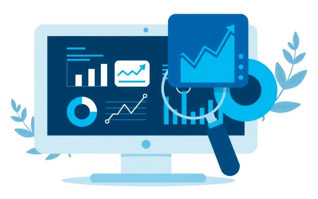 Illustration of data analytics charts and graphs on a screen, representing website performance