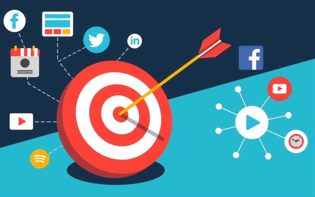 Illustration of targeted advertising with an arrow hitting a bullseye, surrounded by digital marketing elements