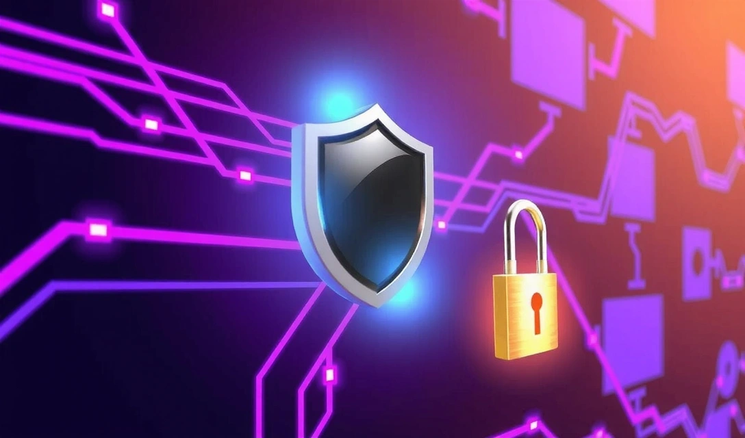 Secure data processing illustration with padlock and digital shield
