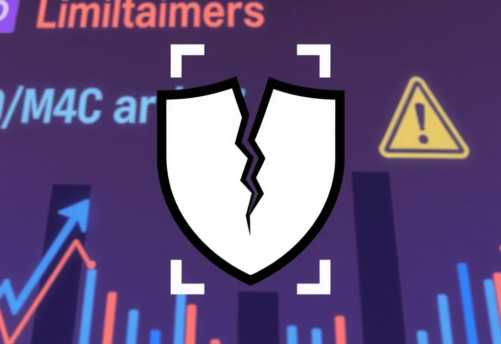 Broken shield icon representing disclaimers, with abstract digital background