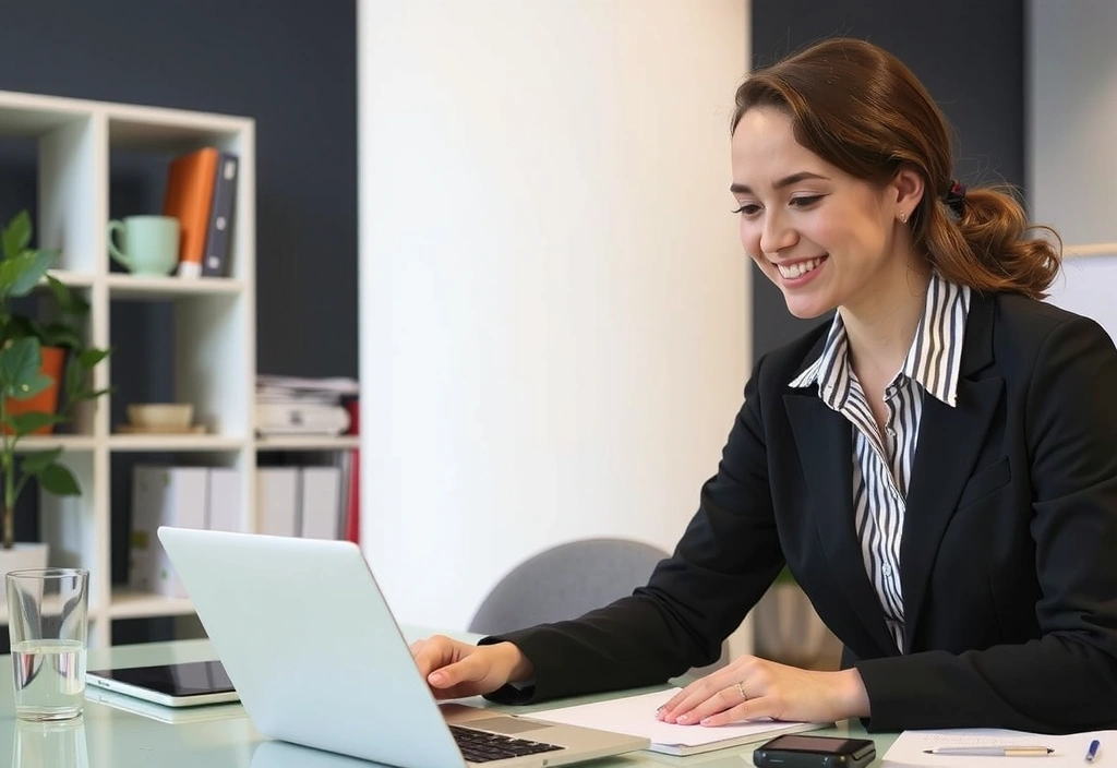 Smiling business professional looking at a laptop